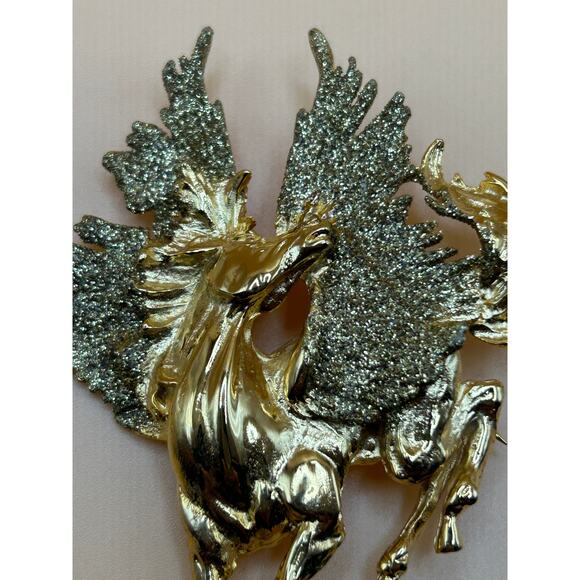 Vintage Pegasus Brooch – 3.25" Gold Tone with Glitter Wings - Picture 1 of 1